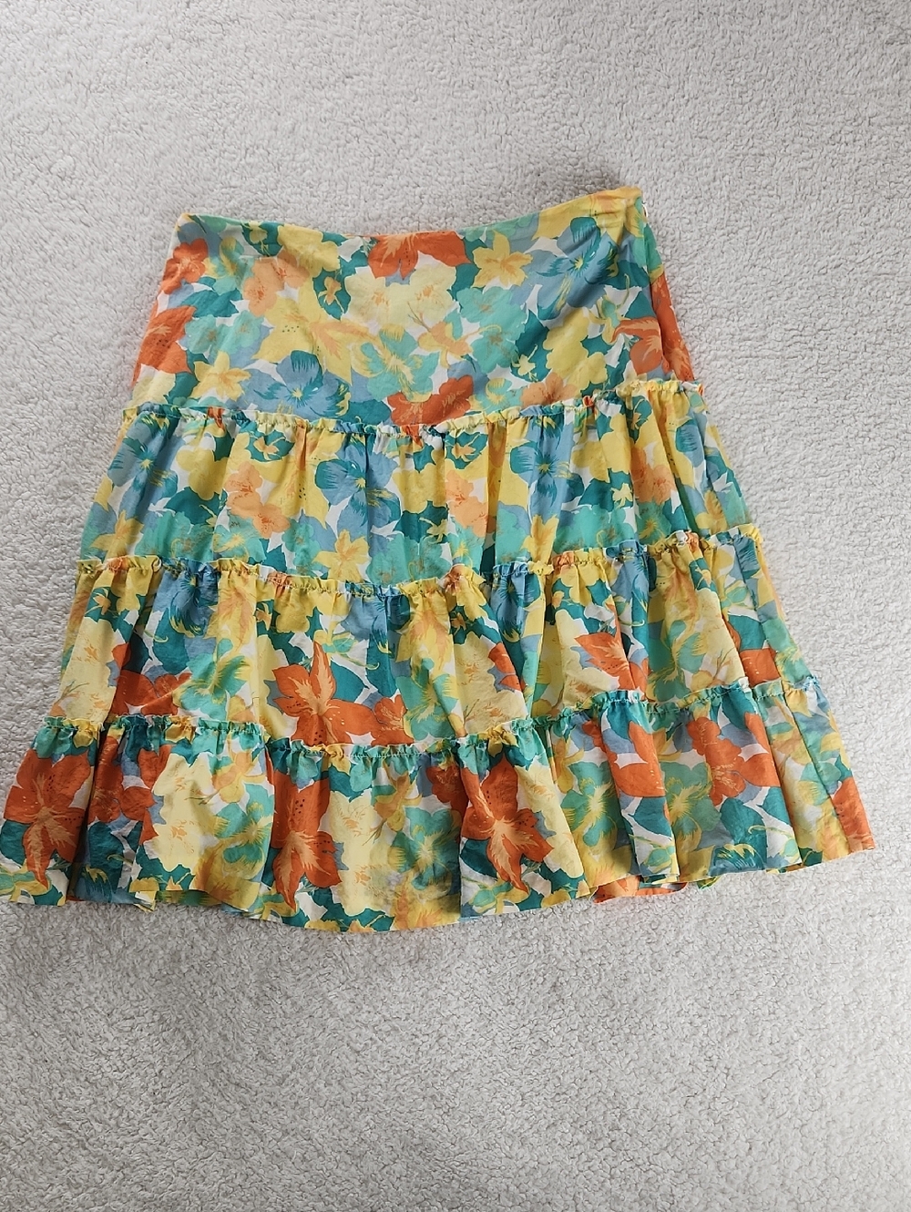 Floral Tiered A-Line Skirt in Yellow, Orange And Teal. So Pretty!